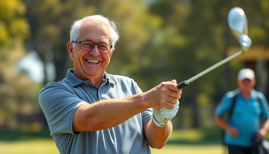 Older man happily swinging golf club at sunny course, TPI certification Towson MD.