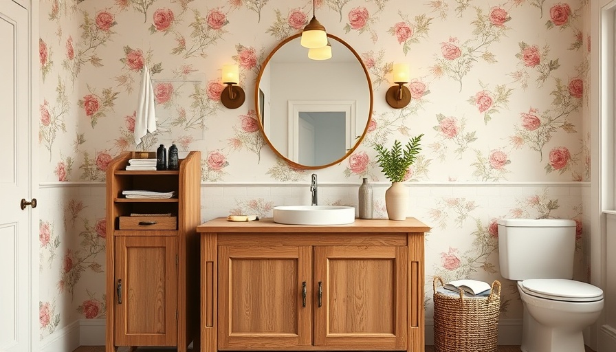 Chic bathroom with stylish storage solutions and floral decor.