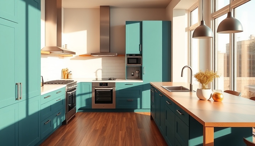 Stylish modern kitchen renovation showcasing teal cabinets and wood floors.