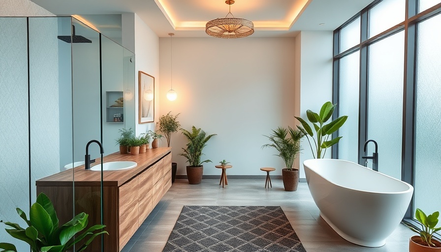 Modern bathroom with curbless shower, plants, and natural light.