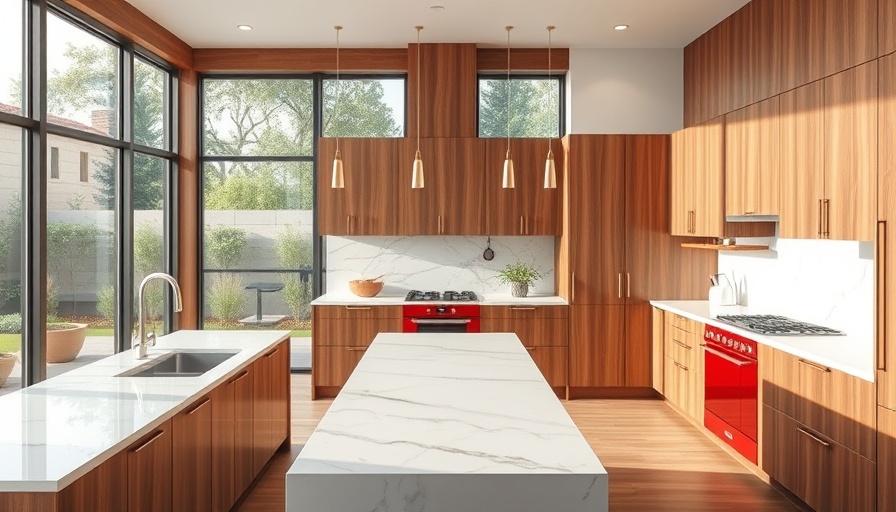 Modern kitchen interior with wood accents and a red oven, renovate or rebuild.
