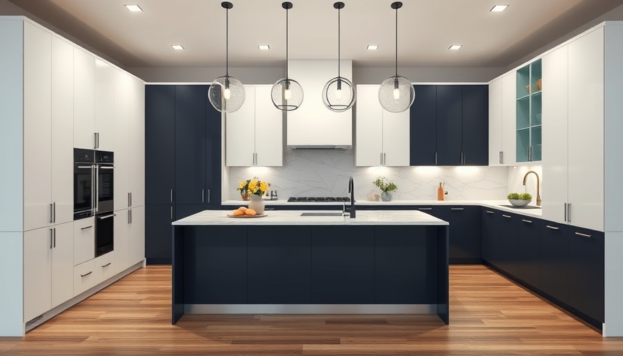 Modern kitchen with hanging kitchen island lighting and marble countertops.