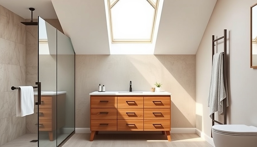 Stylish bathroom with dormer window and wooden vanity.