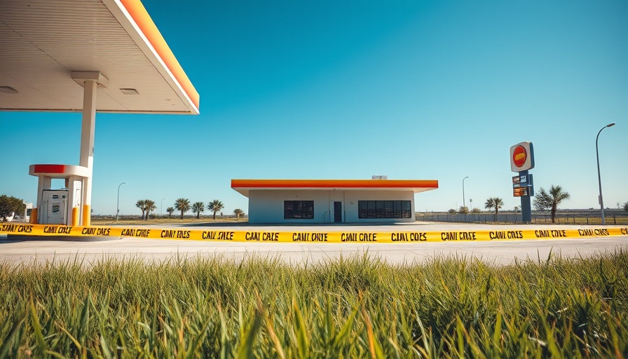 Deserted MidSouth gas station taped off, sunny day