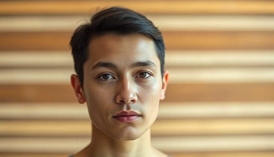 Portrait of a person with a neutral expression against stripe background.