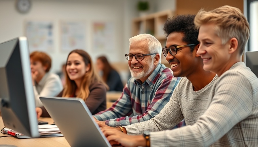 Seniors engaged in digital education with teacher in classroom