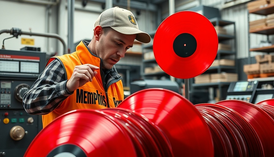 Memphis Record Pressing worker inspecting vinyl records in factory.