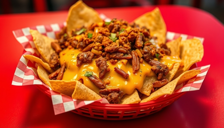 Tasty plant-based jackfruit nachos topped with vegan cheese on a checkered liner.