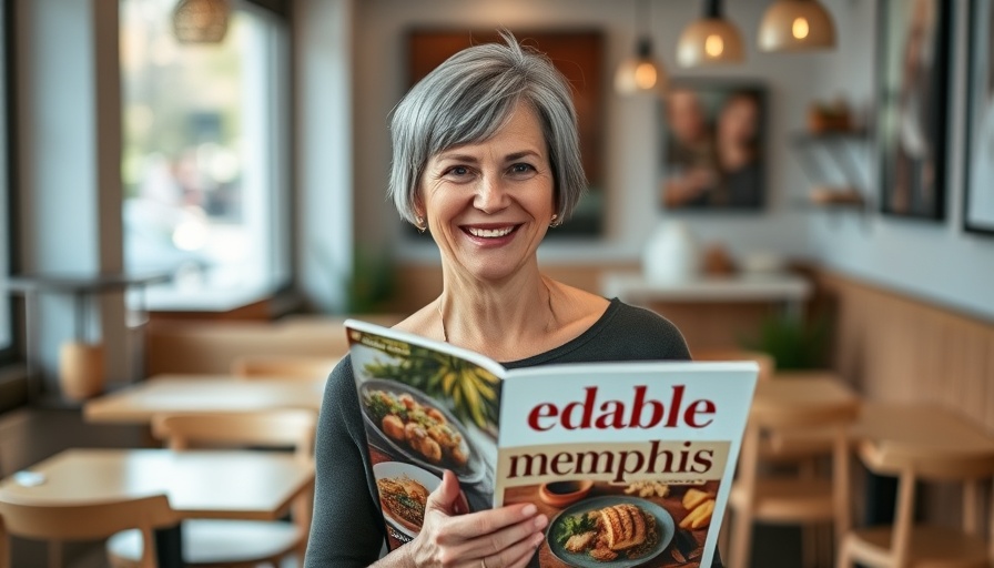 Smiling woman in cafe holding Edible Memphis magazine.