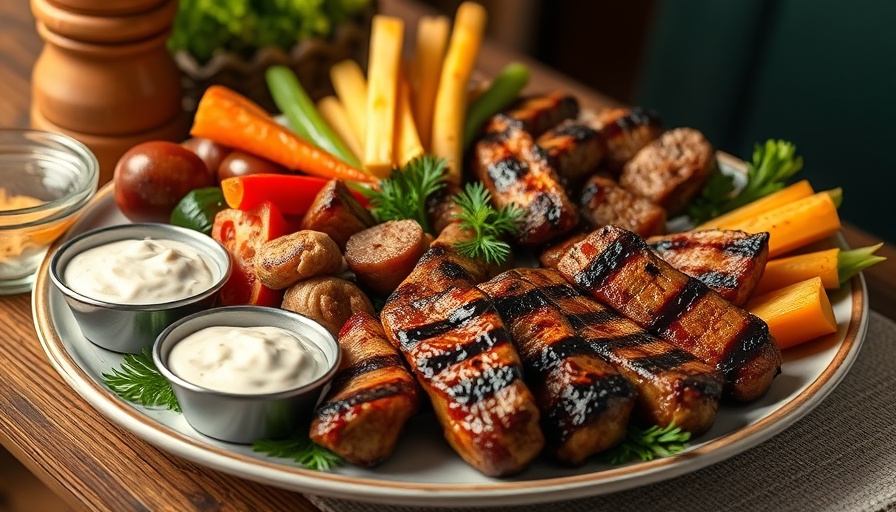 Cedars mixed grill platter with grilled meats, veggies, and dips.