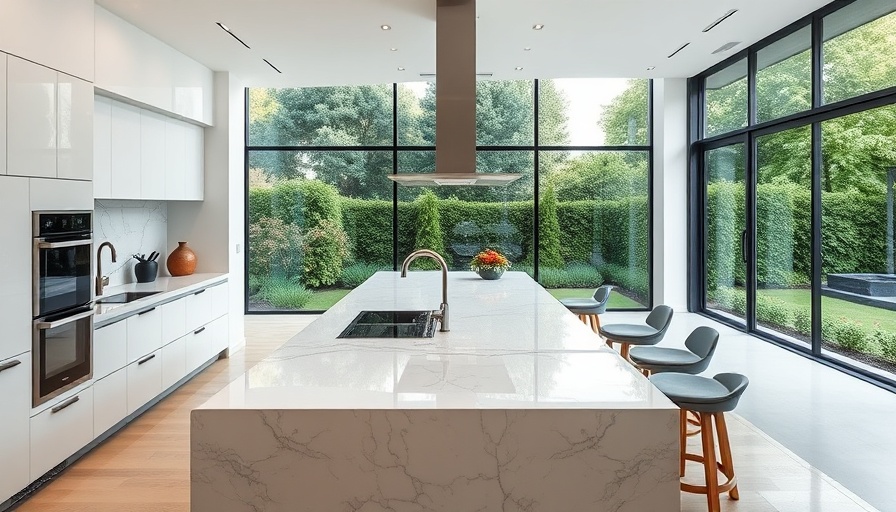 Modern kitchen with Santamargherita marble and stylish cabinets, garden view.