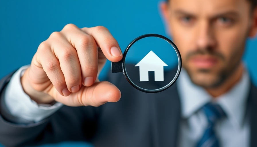Navigating the Property Market concept with magnifying glass and house icon.