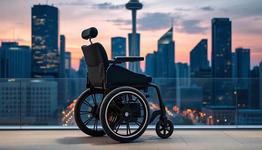 Modern lightweight power wheelchair on rooftop terrace at twilight.