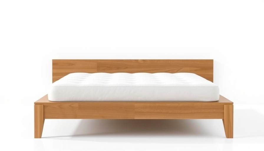 Elegant wooden bed with Tiami mattress on minimalist backdrop, Tiami Mattress Discount.
