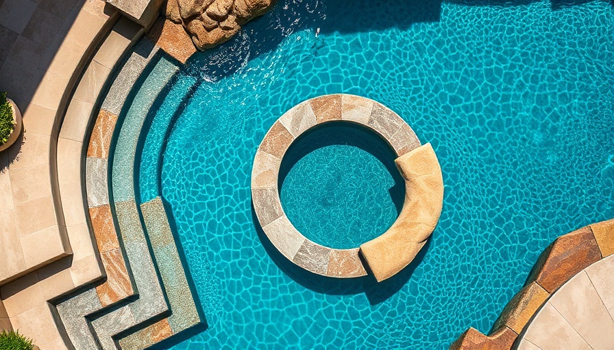 Aerial luxury pool with stone water features and spa area.