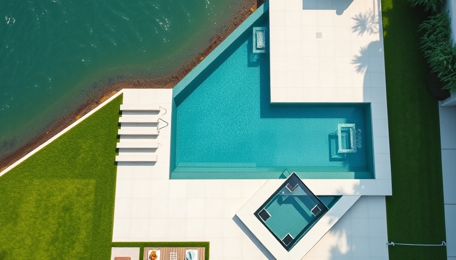Modern geometric pool design with sleek decking and lush grass.