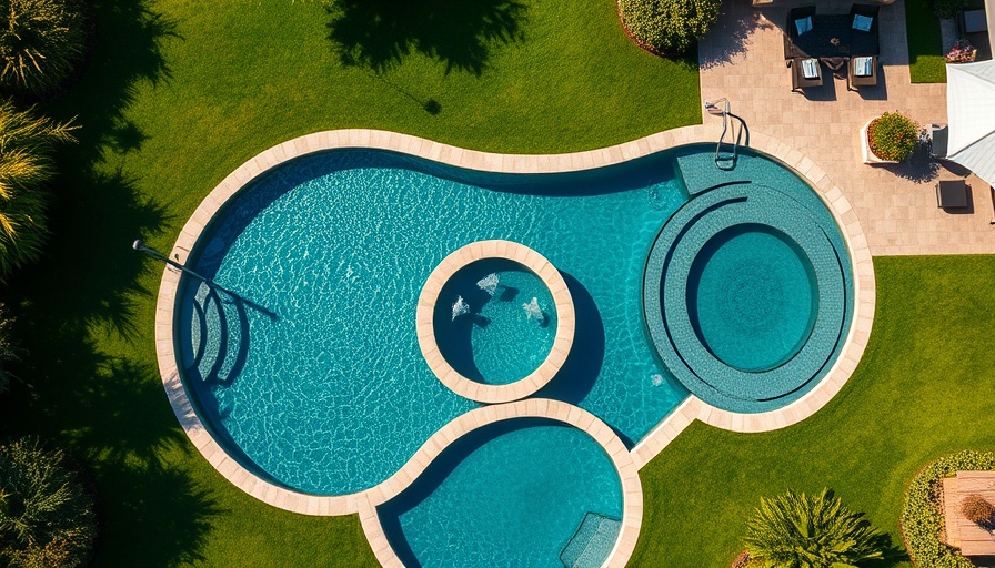 Aerial view of unique pool finishes with lush lawn and patio furniture.