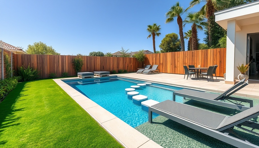 Luxury backyard pool with sleek loungers for family fun, vibrant setting.
