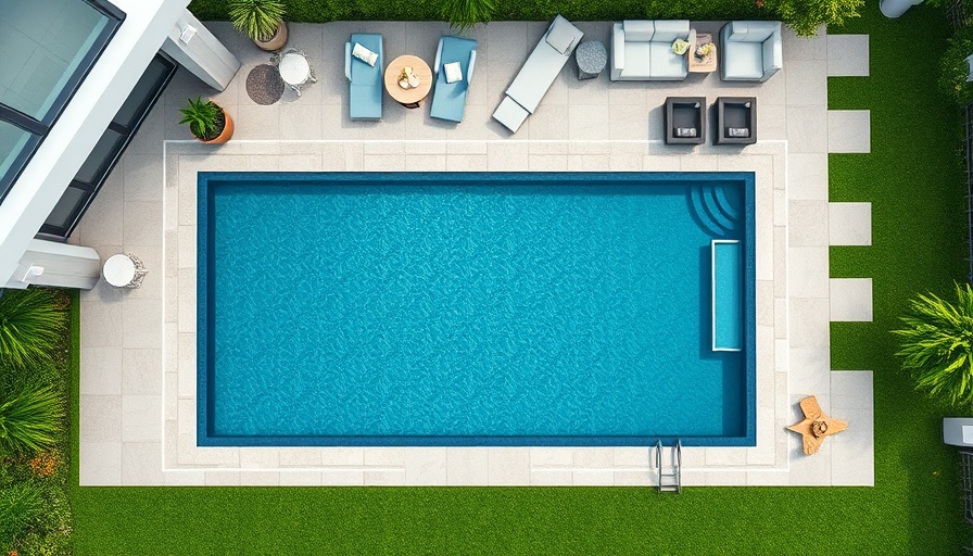 Aerial view of a stylish family pool area with safety features.