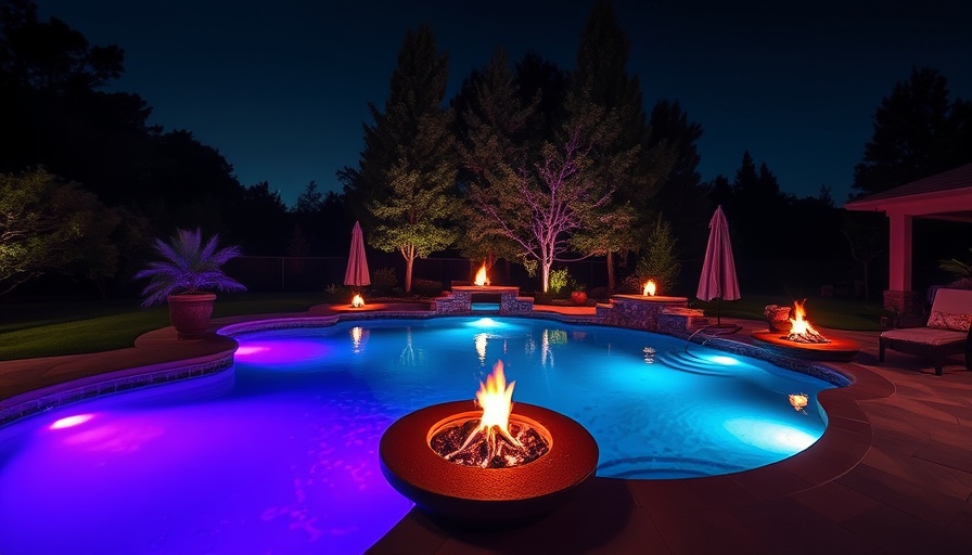 Backyard lighting ideas: Pool with purple lights and fire features.
