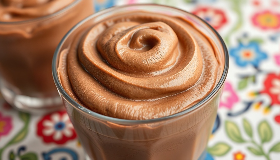 Creamy mousse dessert in a glass on a colorful tablecloth.
