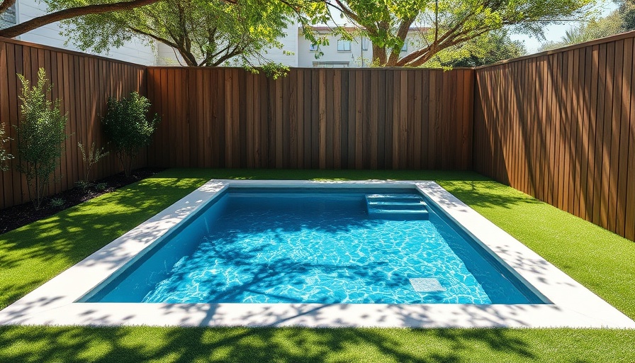 Modern plunge pool small-space solution in a lush, compact backyard.
