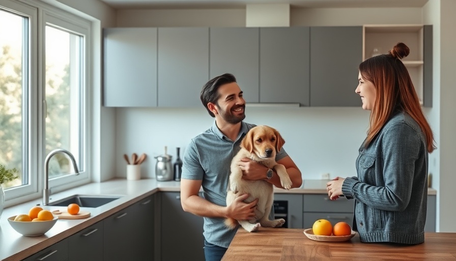 Modern kitchen with Vipp aluminum design, man holding a dog.