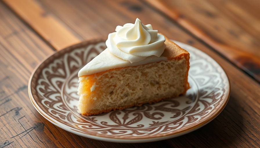 Fluffy cake slice with whipped cream on a patterned plate, Girl Dinner Trend.