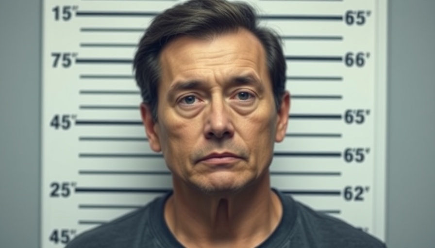 Mugshot of man against height chart, neutral expression.
