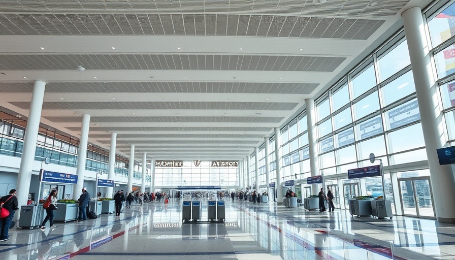Interior view of Memphis International Airport terminal with check-in kiosks.