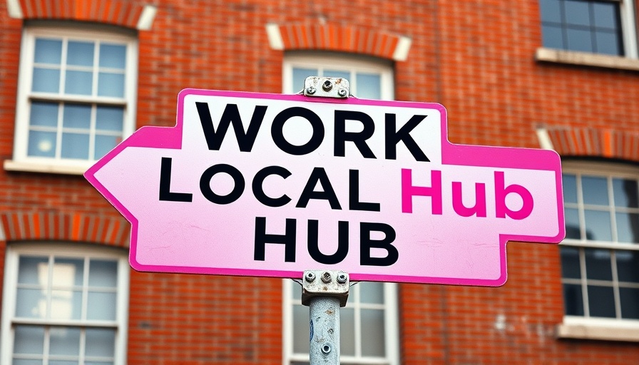 Work Local Hub sign by red brick building, daylight setting.