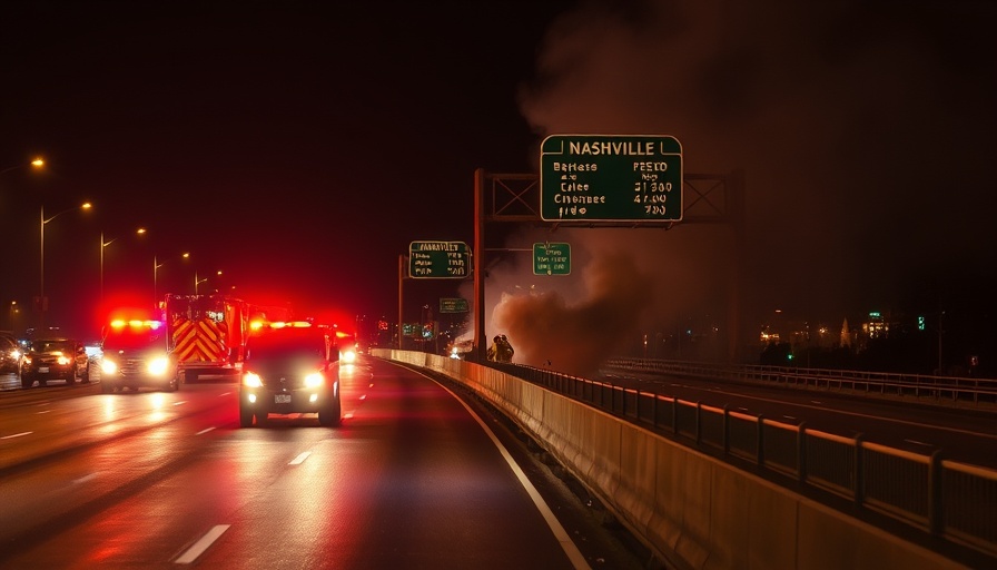Car crash fire on I-40 E with emergency vehicles at night.