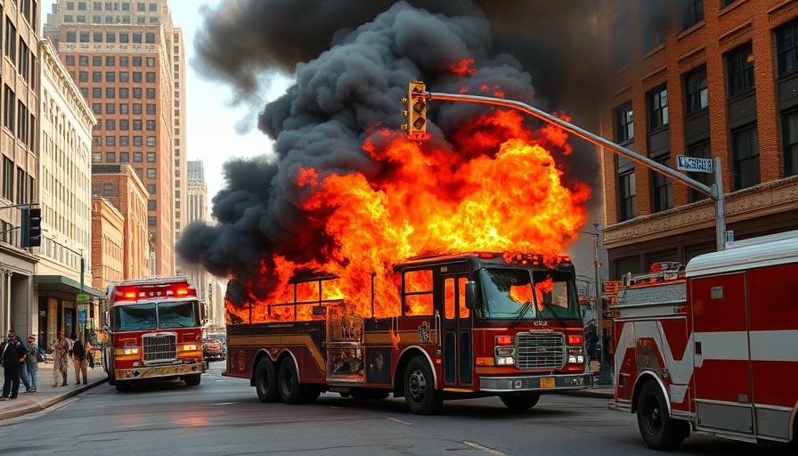 Memphis party bus fire with thick black smoke in urban street.