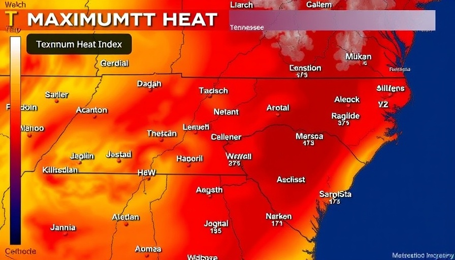 Tennessee Heat Dome maximum heat index map with red color gradient.