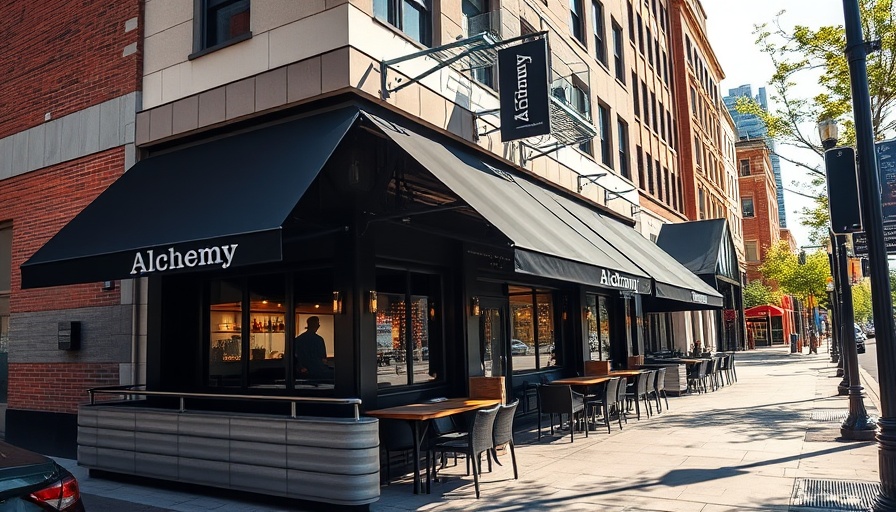 Alchemy Memphis bar exterior with black awning and seating.