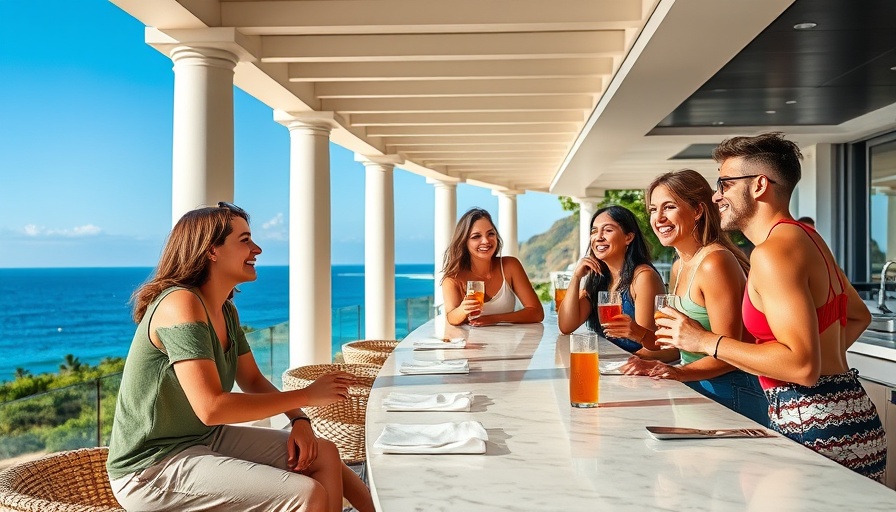 Friends enjoying at an outdoor kitchen bar with ocean view