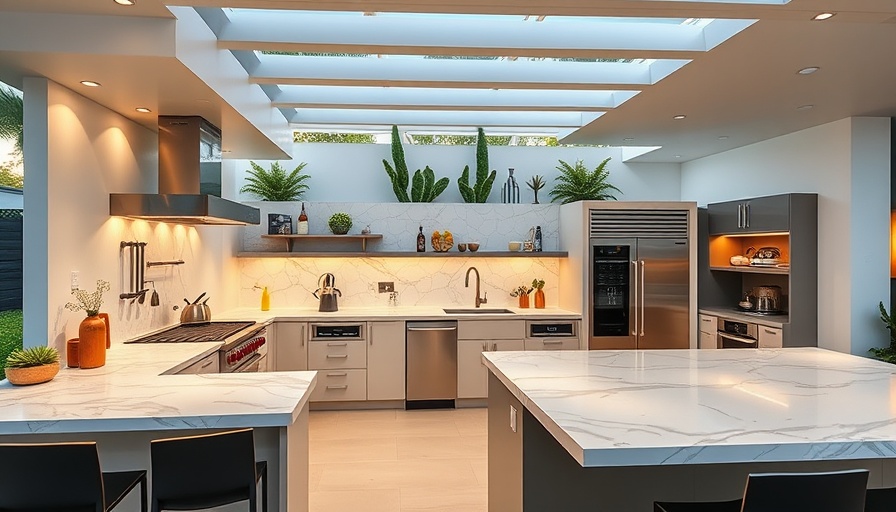 Modern outdoor kitchen showroom with sleek appliances and marble countertops.