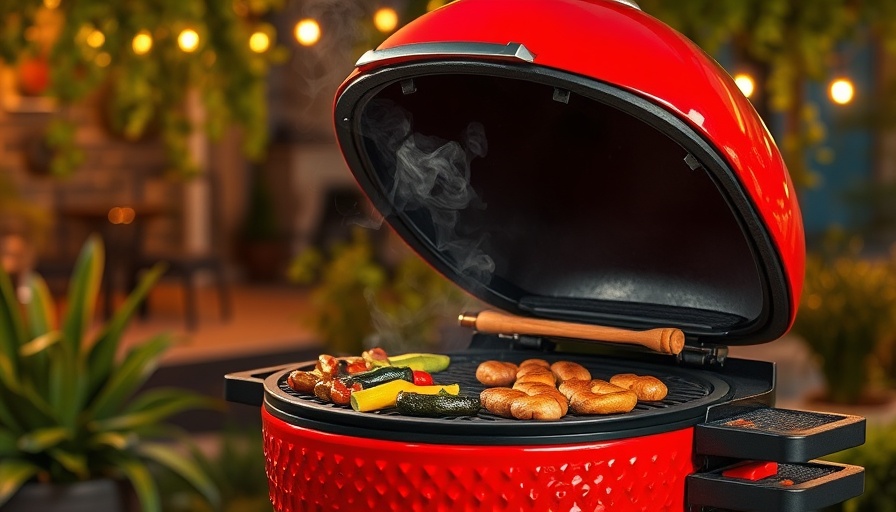 Red ceramic grill smoker with grilled food, adding a smoker ambiance.