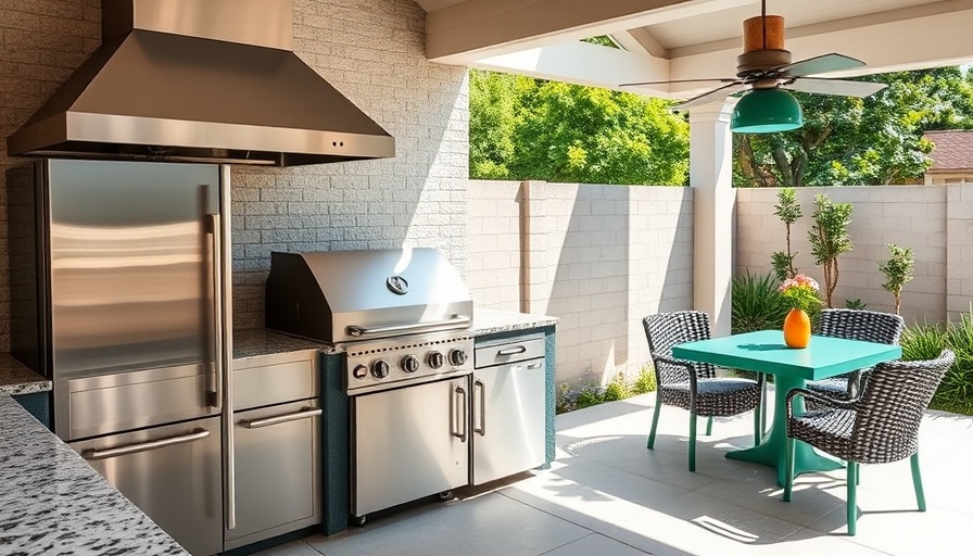 Modern outdoor kitchen zones with stainless steel appliances.