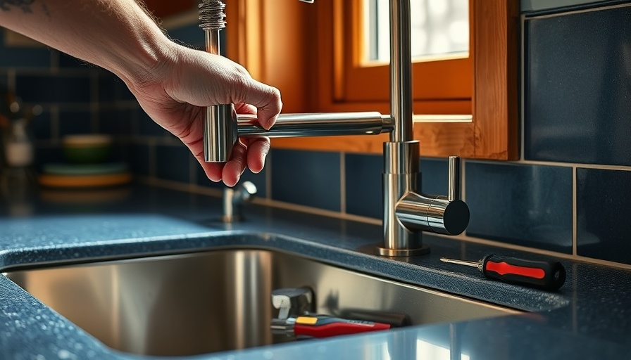 Fixing a leaky kitchen faucet with tools and parts on countertop.