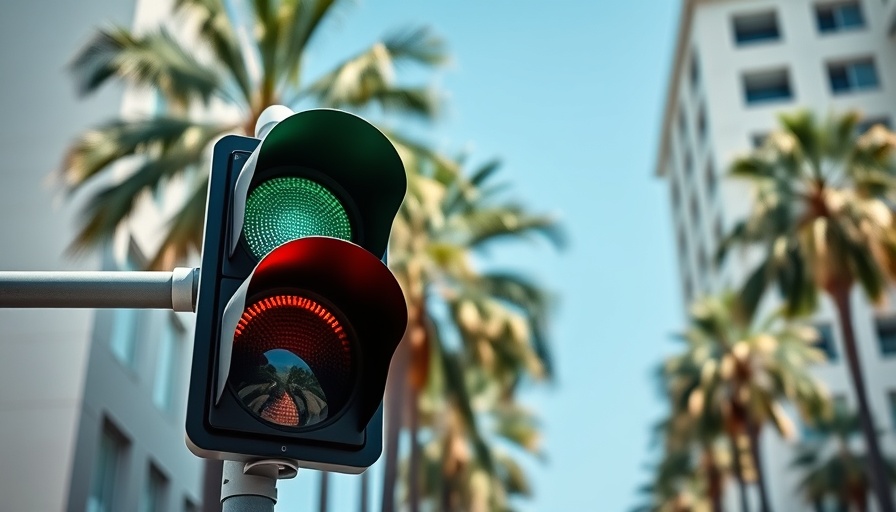 Horizontal traffic lights in front of palm trees in the daytime.
