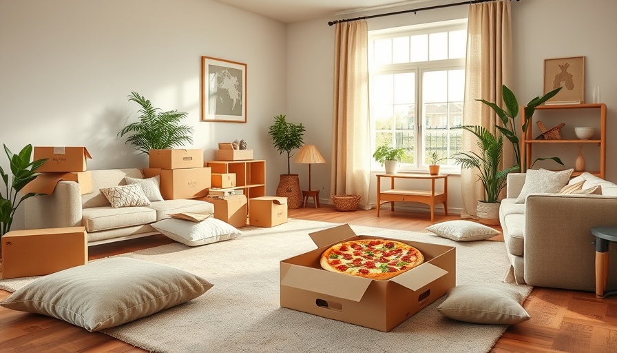 Moving day essentials in a cozy living room with boxes and pizza.