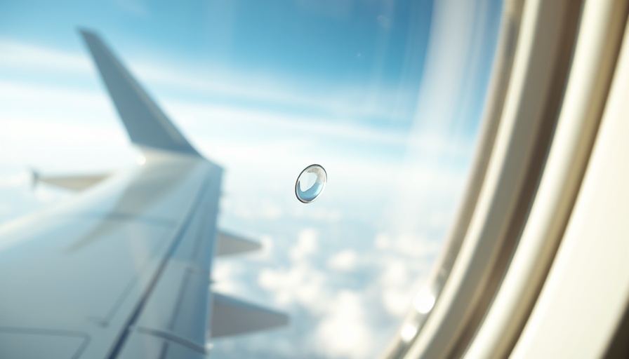 Airplane window bleed hole highlighted with wing and sky view.