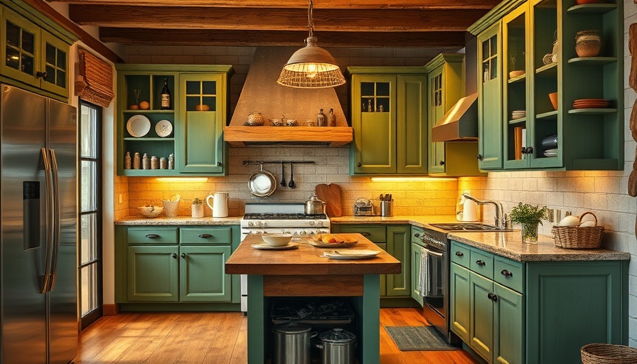 Rustic kitchen with green DIY cabinets and add-ons