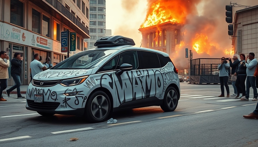 Vandalized Waymo autonomous car with graffiti near a burning building.