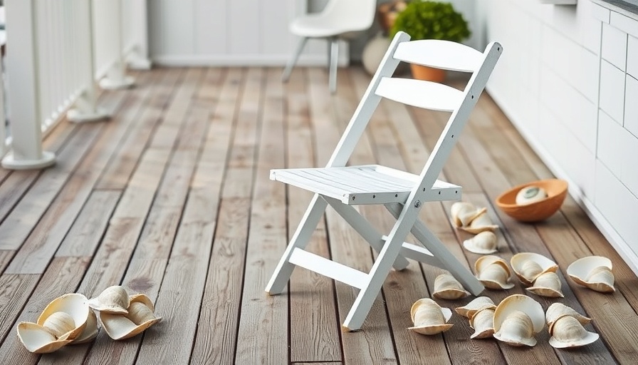 Razor clam arrangement near rustic chair on wooden deck.