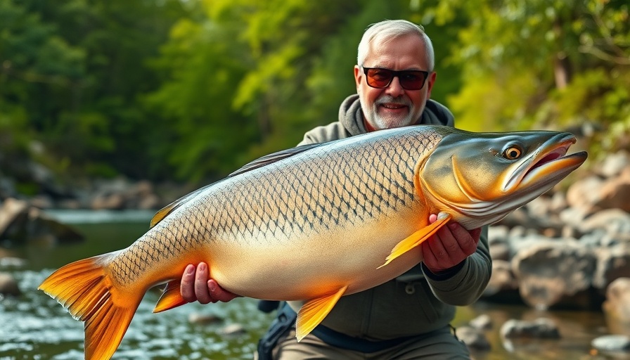 Record-Breaking Carp Fishing Connecticut catch by man with sunglasses on rocky riverbank.