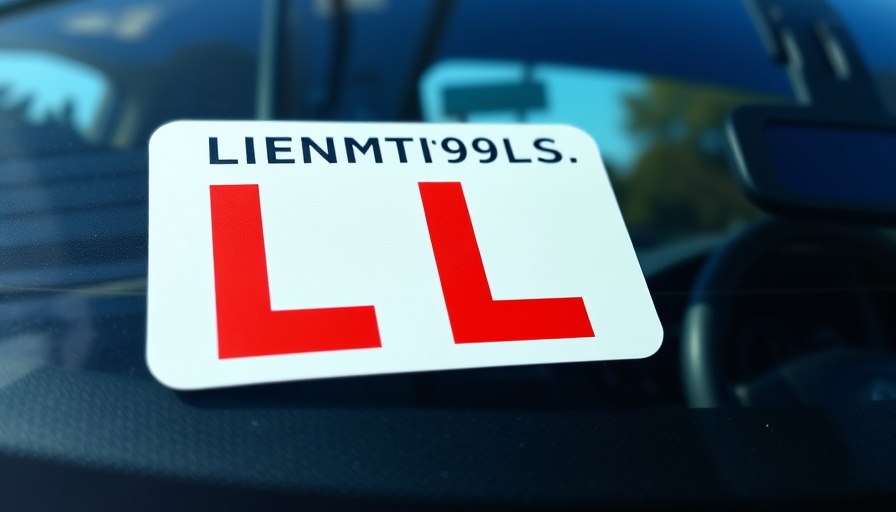 Learner plate on car window with reflections of trees.