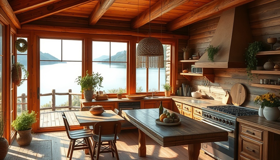 Rustic summer kitchen with lake view and natural decor.