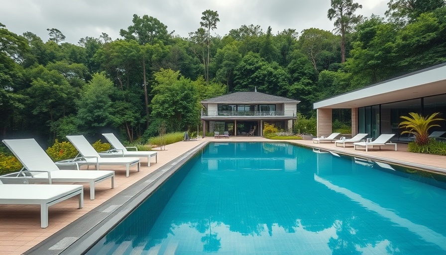 Luxurious poolside setting with loungers and forest backdrop.